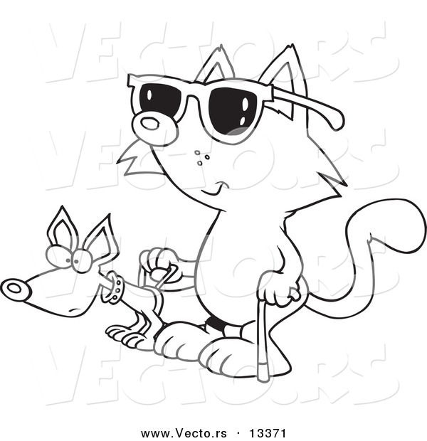 Vector of a Cartoon Blind Cat Using an Assistance Dog - Coloring Page Outline