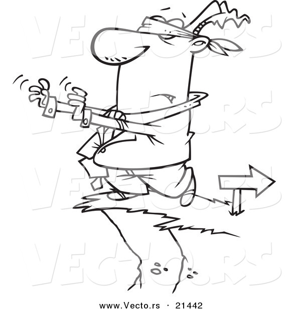 Vector of a Cartoon Blindfolded Businessman Walking Towards a Cliff - Outlined Coloring Page