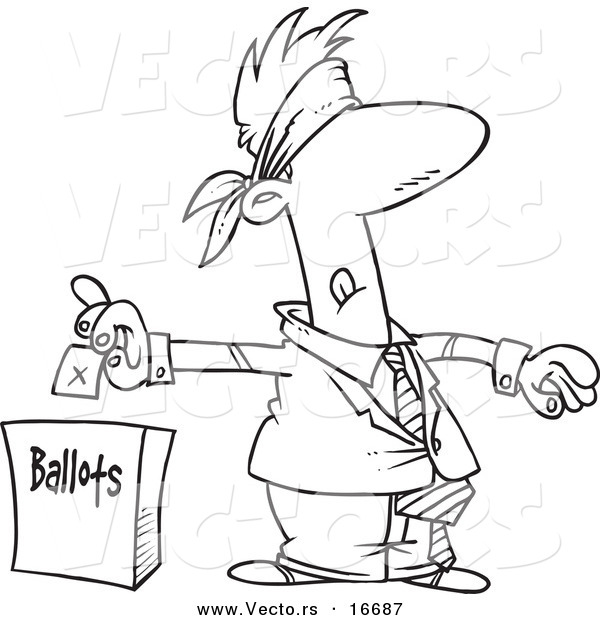Vector of a Cartoon Blindfolded Man Putting His Vote into a Ballot Box - Outlined Coloring Page Drawing