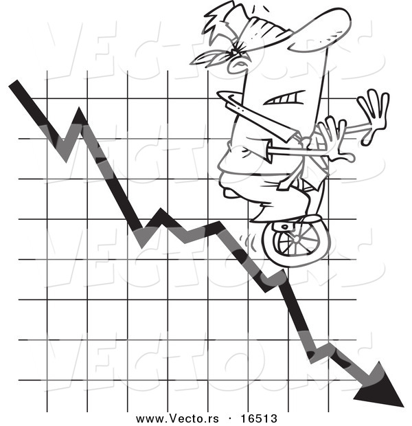 Vector of a Cartoon Blindfolded Man Unicycling down a Graph - Outlined Coloring Page Drawing