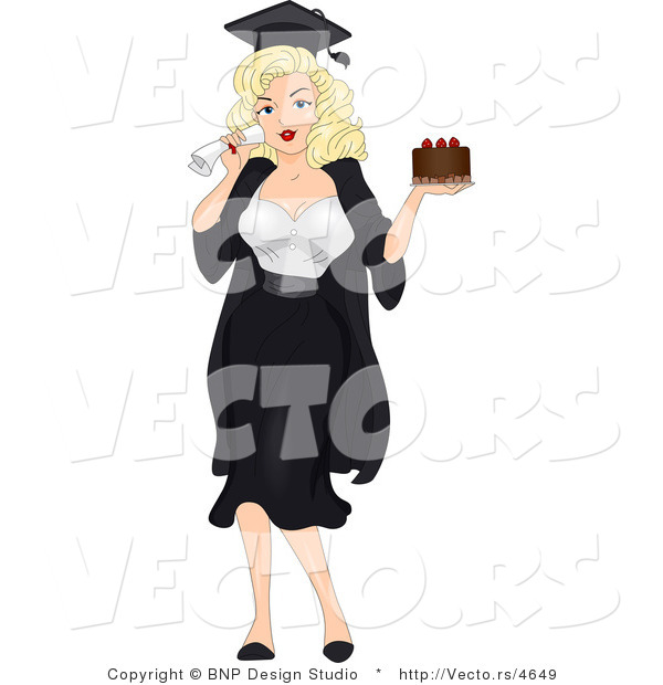 Vector of a Cartoon Blond Graduation Pinup Girl Holding Chocolate Cake