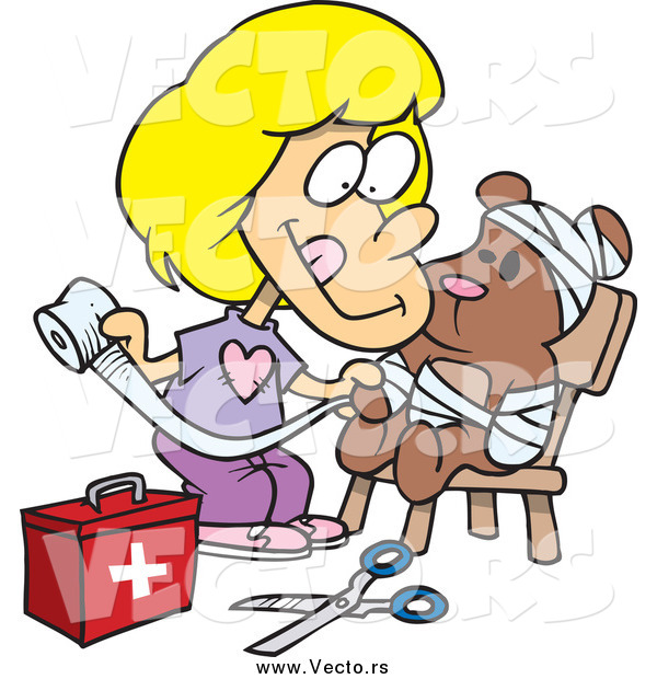 Vector of a Cartoon Blond White Girl Bandaging up Her Teddy Bear