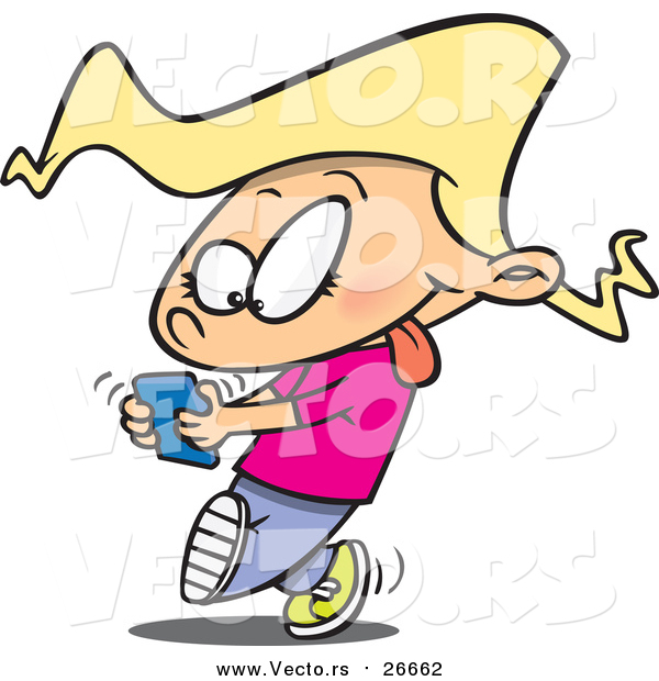 Vector of a Cartoon Blond White Girl Walking and Texting on a Cell Phone