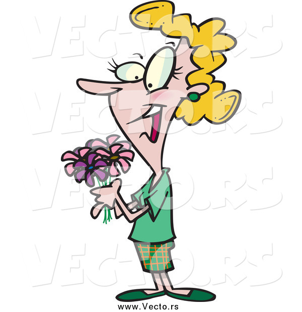 Vector of a Cartoon Blond White Woman Holding a Bouquet