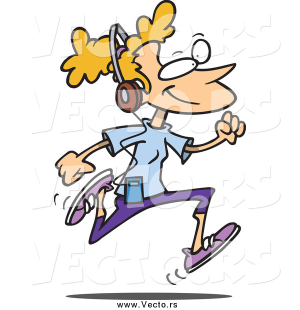 Vector of a Cartoon Blond White Woman Listening to Music and Running