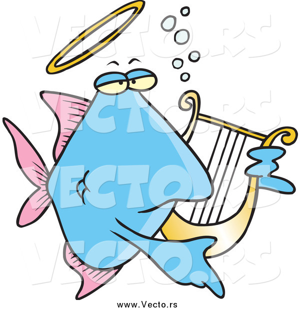 Vector of a Cartoon Blue Angelfish Playing a Lyre