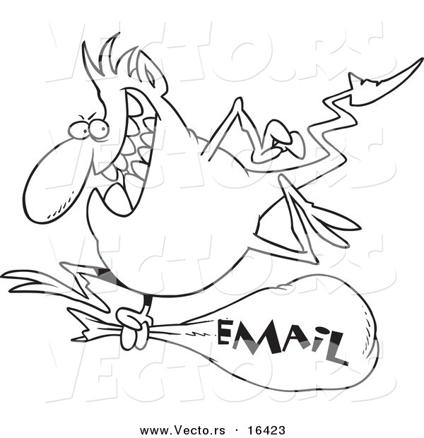 Vector of a Cartoon Blue Gremlin with an Email Bag - Outlined Coloring Page Drawing