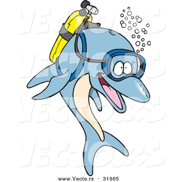 Vector of a Cartoon Blue Scuba Dolphin