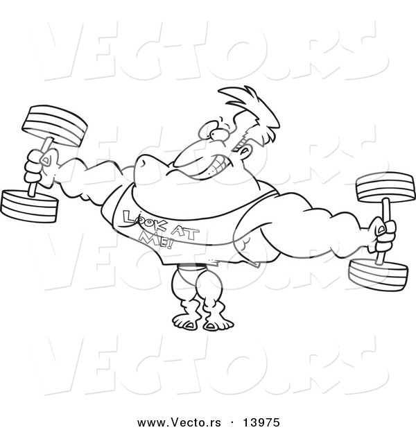Vector of a Cartoon Bodybuilder Wearing a Look at Me Shirt and Lifting Weights - Coloring Page Outline
