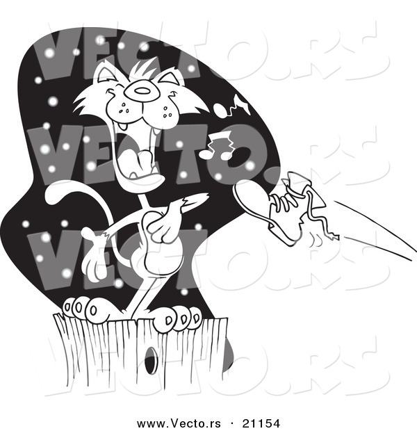 Vector of a Cartoon Boot Flying at a Serenading Cat on a Fence - Coloring Page Outline