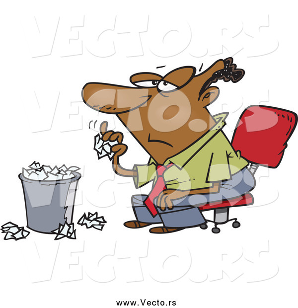 Vector of a Cartoon Bored Black Business Man Tossing Crumpled Paper in the Trash