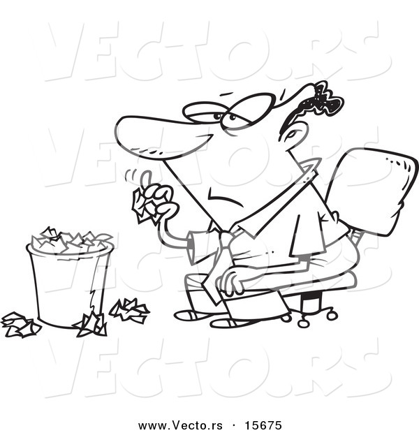 Vector of a Cartoon Bored Black Businessman Tossing Crumpled Paper in the Trash - Coloring Page Outline
