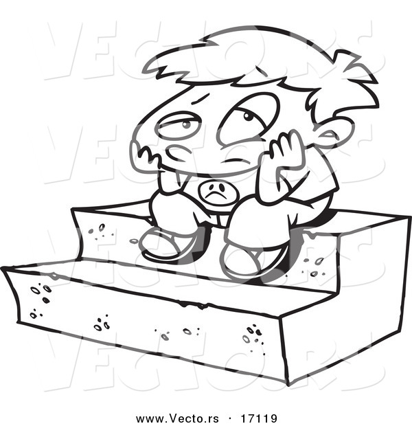 Vector of a Cartoon Bored Boy Sitting on Steps - Coloring Page Outline