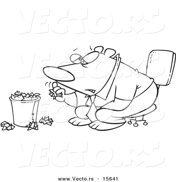 Vector of a Cartoon Bored Business Bear Tossing Crumpled Paper in the Trash - Coloring Page Outline
