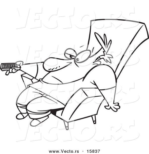 Vector of a Cartoon Bored Man Slumped in a Chair and Holding a Remote Control - Outlined Coloring Page Drawing