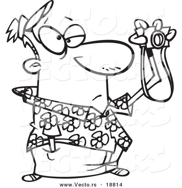 Vector of a Cartoon Bored Man Taking Pictures - Outlined Coloring Page
