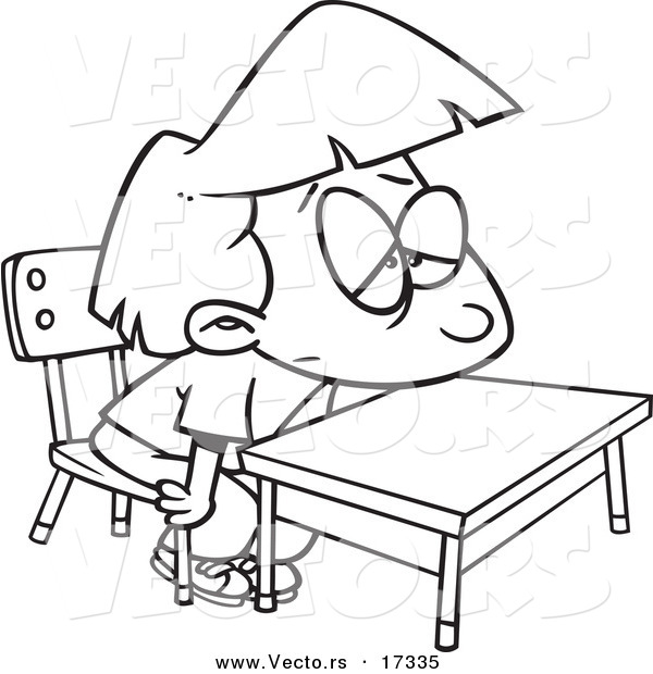 Vector of a Cartoon Bored School Girl at Her Desk - Coloring Page Outline