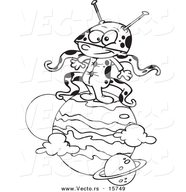 Vector of a Cartoon Boy Alien on a Planet - Outlined Coloring Page Drawing
