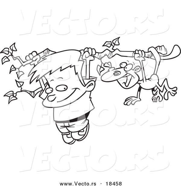 Vector of a Cartoon Boy and a Monkey Hanging from a Tree Branch - Outlined Coloring Page