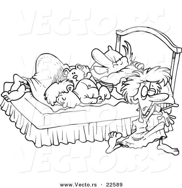Vector of a Cartoon Boy and Father Kicking a Mother out of Their Bed - Coloring Page Outline