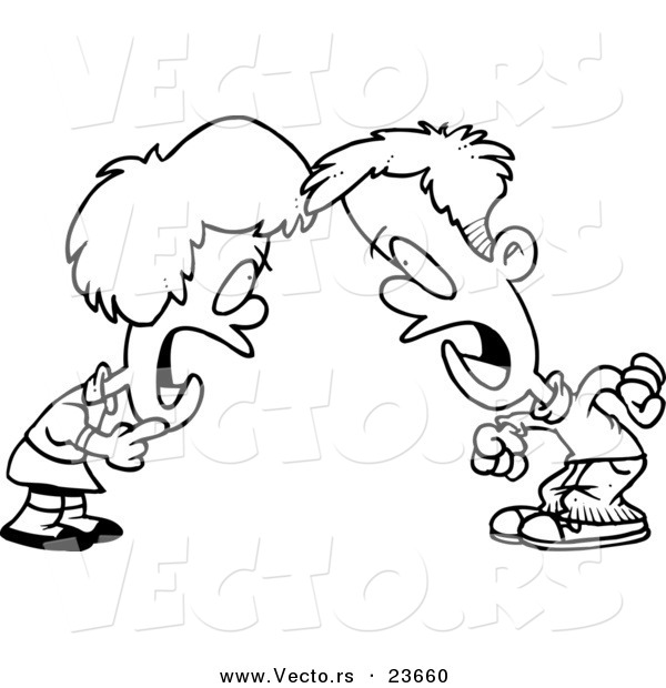 Vector of a Cartoon Boy and Girl Having a Yelling Match - Coloring Page Outline