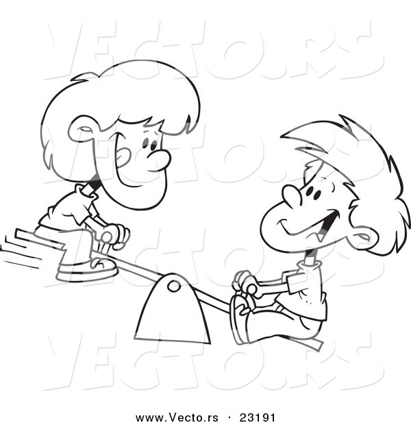 Vector of a Cartoon Boy and Girl on a Teeter Totter - Coloring Page Outline