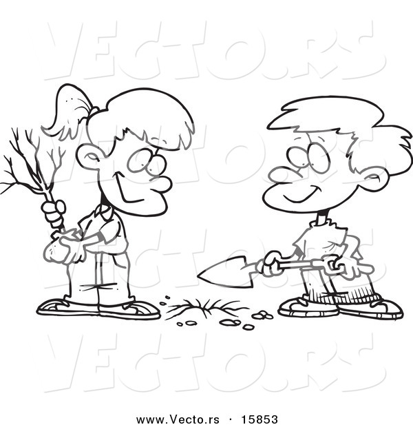 Vector of a Cartoon Boy and Girl Planting an Arbor Day Tree - Outlined Coloring Page Drawing