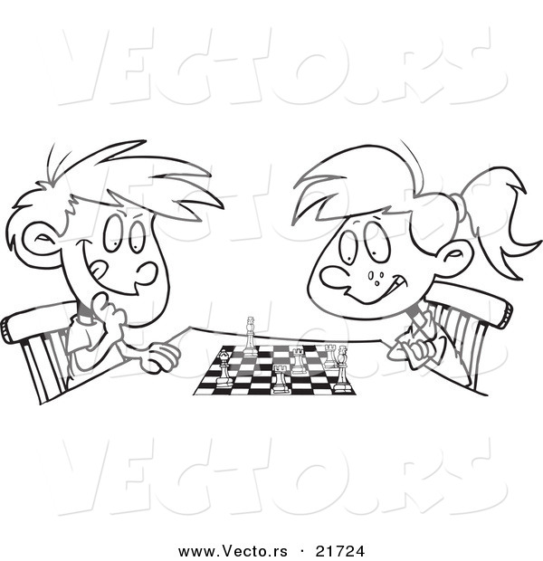 Vector of a Cartoon Boy and Girl Playing Chess - Outlined Coloring Page