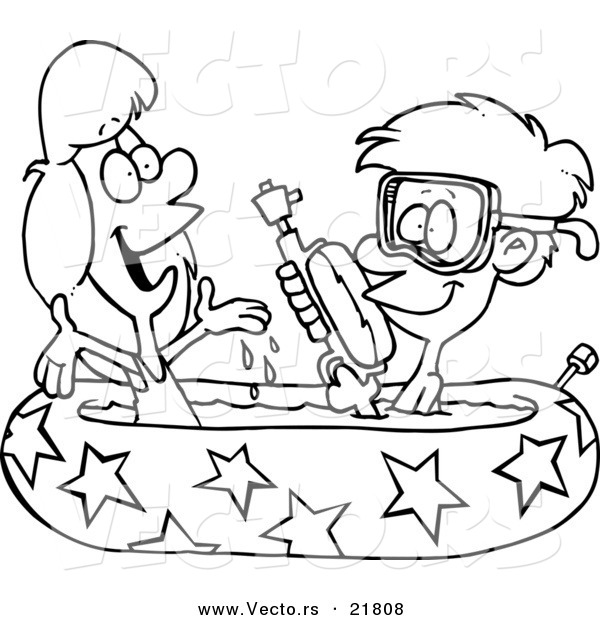 Vector of a Cartoon Boy and Girl Playing in a Kiddie Pool - Outlined Coloring Page