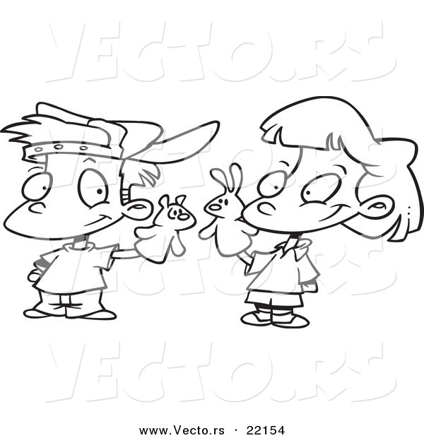 Vector of a Cartoon Boy and Girl Playing with Puppets - Outlined Coloring Page