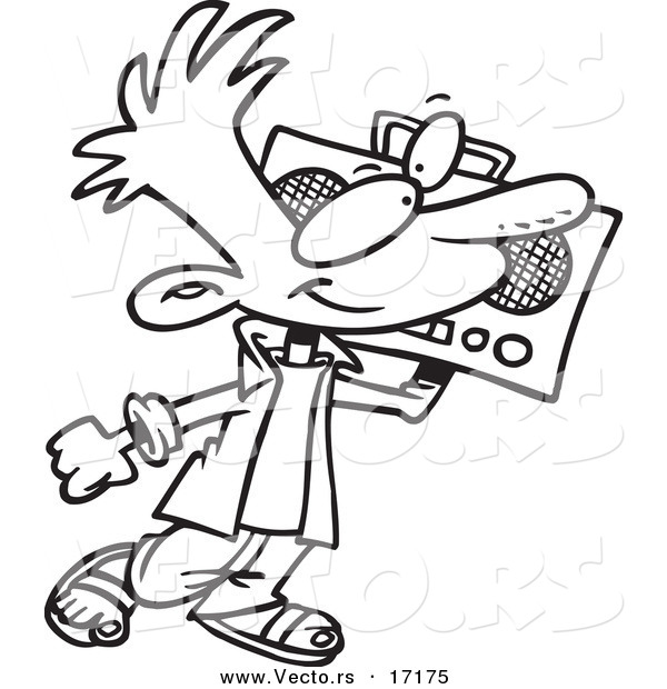 Vector of a Cartoon Boy Carrying a Boom Box - Coloring Page Outline