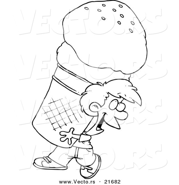 Vector of a Cartoon Boy Carrying a Huge Ice Cream Cone - Outlined Coloring Page