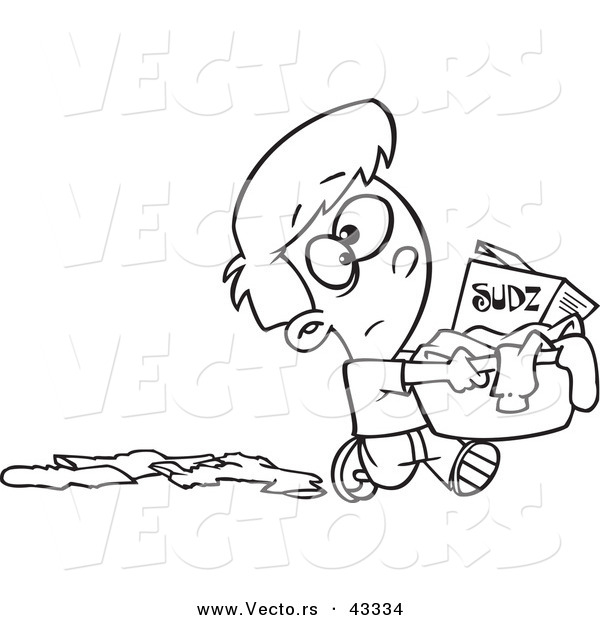 Vector of a Cartoon Boy Carrying a Laundry Basket with Detergent - Coloring Page Outline