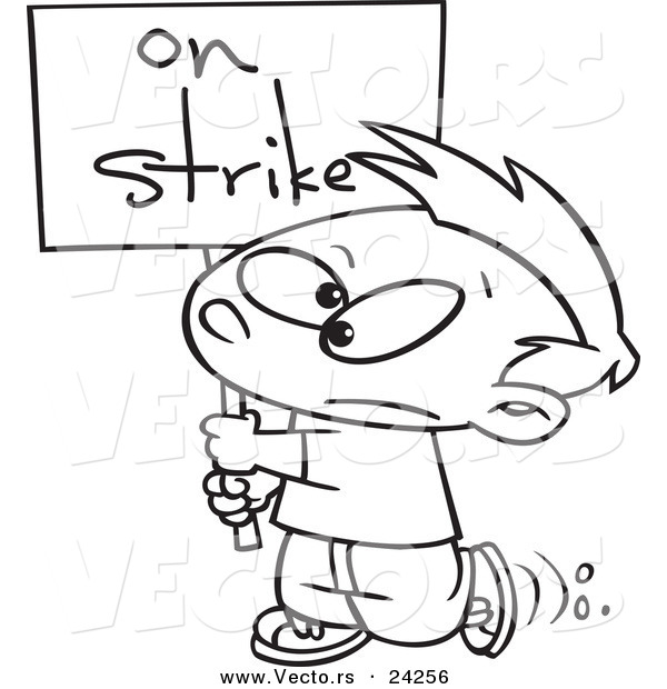 Vector of a Cartoon Boy Carrying an on Strike Sign - Outlined Coloring Page