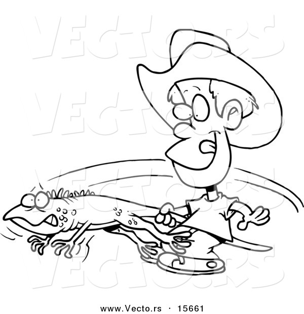 Vector of a Cartoon Boy Catching an Iguana - Coloring Page Outline