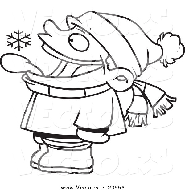 Vector of a Cartoon Boy Catching Snowflakes with His Tongue - Coloring Page Outline