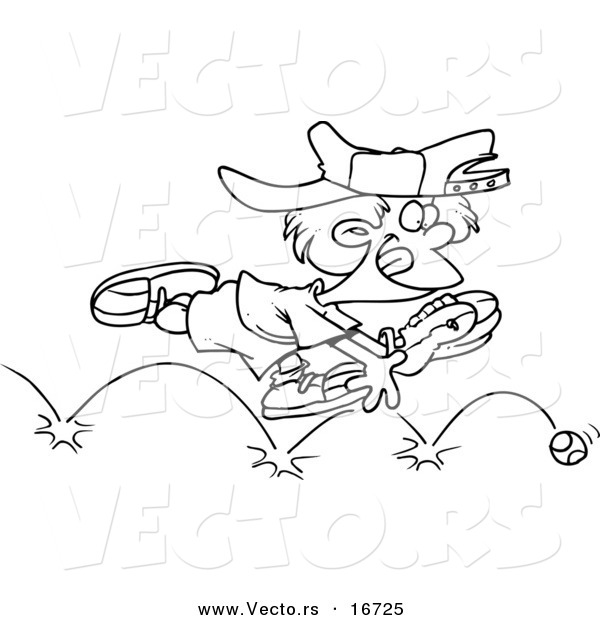 Vector of a Cartoon Boy Chasing a Bouncing Baseball - Outlined Coloring Page Drawing