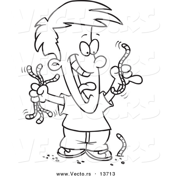 Vector of a Cartoon Boy Collecting Worms - Coloring Page Outline