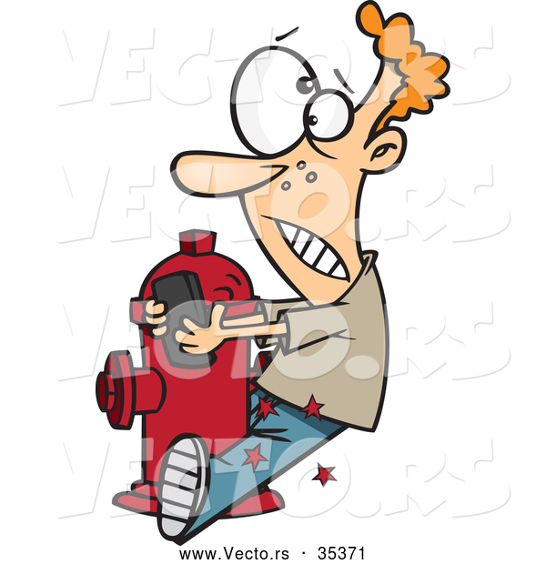 Vector of a Cartoon Boy Crashing into a Fire Hydrant While Texting on His Smart Phone
