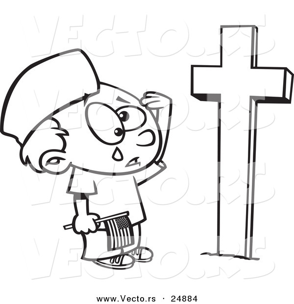 Vector of a Cartoon Boy Crying at a Soldiers Grave on Memorial Day - Outlined Coloring Page