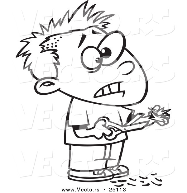 Vector of a Cartoon Boy Cutting His Own Hair - Coloring Page Outline
