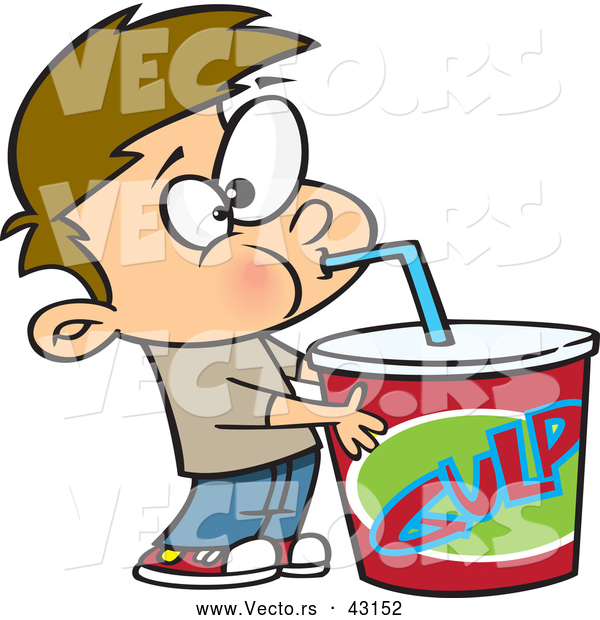 Vector of a Cartoon Boy Drinking from a Huge Big Gulp Soft Drink Cup