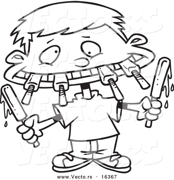 Vector of a Cartoon Boy Eating a Variety of Popsicles - Outlined Coloring Page Drawing