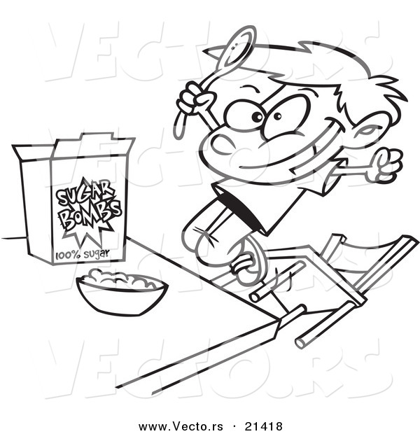 Vector of a Cartoon Boy Eating Sugary Cereal - Outlined Coloring Page