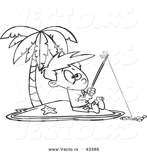 Vector of a Cartoon Boy Fishing by Himself on an Island - Coloring Page Outline