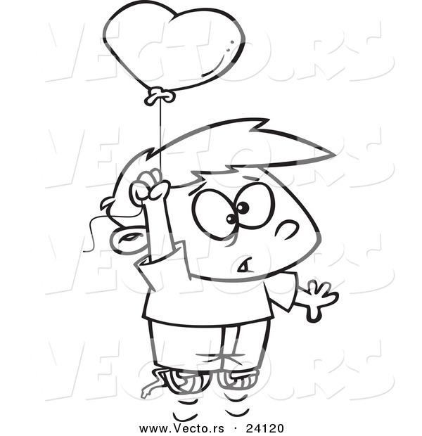 Vector of a Cartoon Boy Floating with a Love Risk Heart Balloon - Coloring Page Outline