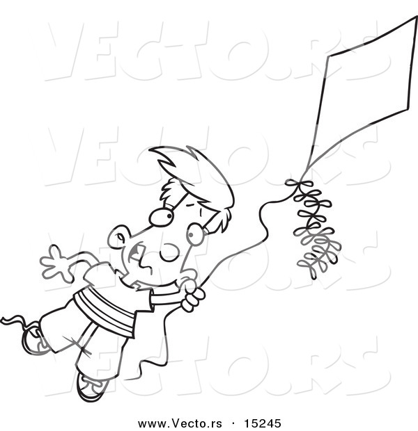 Vector of a Cartoon Boy Flying a Kite - 1 - Coloring Page Outline