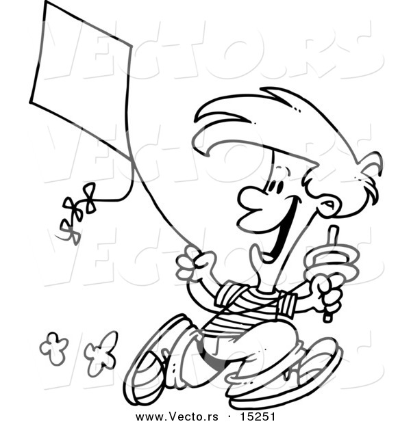 Vector of a Cartoon Boy Flying a Kite - 3 - Coloring Page Outline