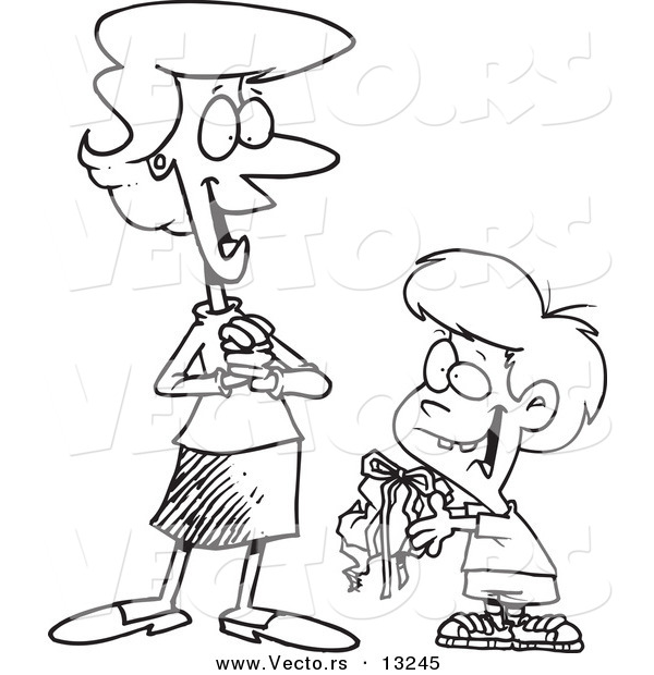 Vector of a Cartoon Boy Giving His Mom a Messy Gift - Coloring Page Outline