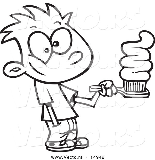 Vector of a Cartoon Boy Going Overboard on Toothpaste - Coloring Page Outline